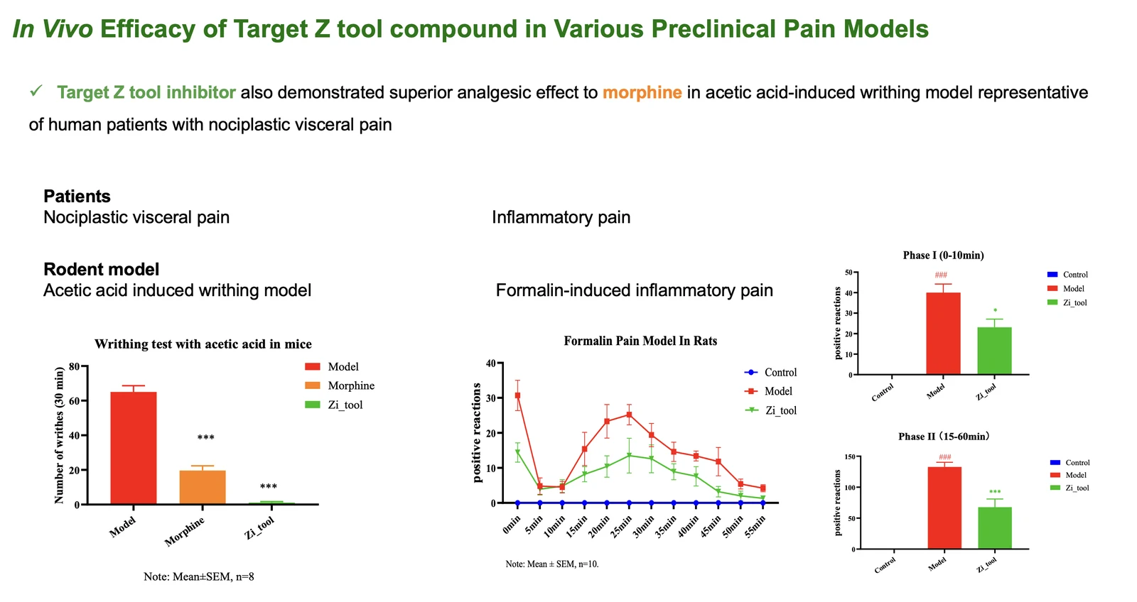 Preclinical slide showing a Target Z tool inhibitor versus morphine in the acetic-acid writhing model and activity in the formalin inflammatory pain model