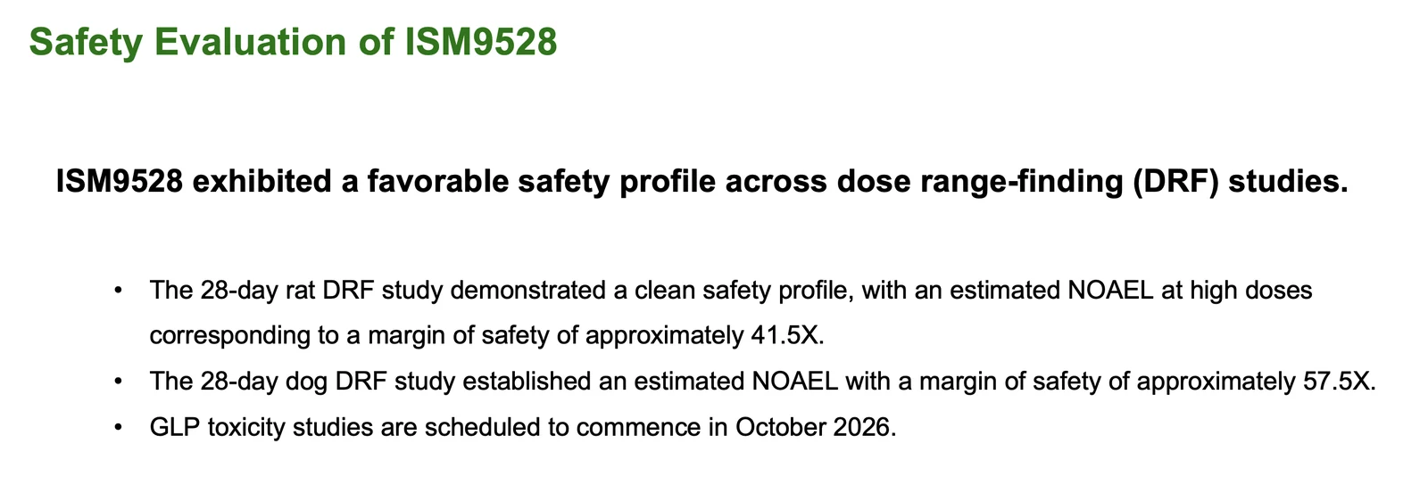 ISM9528 safety slide reporting estimated 41.5-fold rat and 57.5-fold dog margins in 28-day dose-range-finding studies