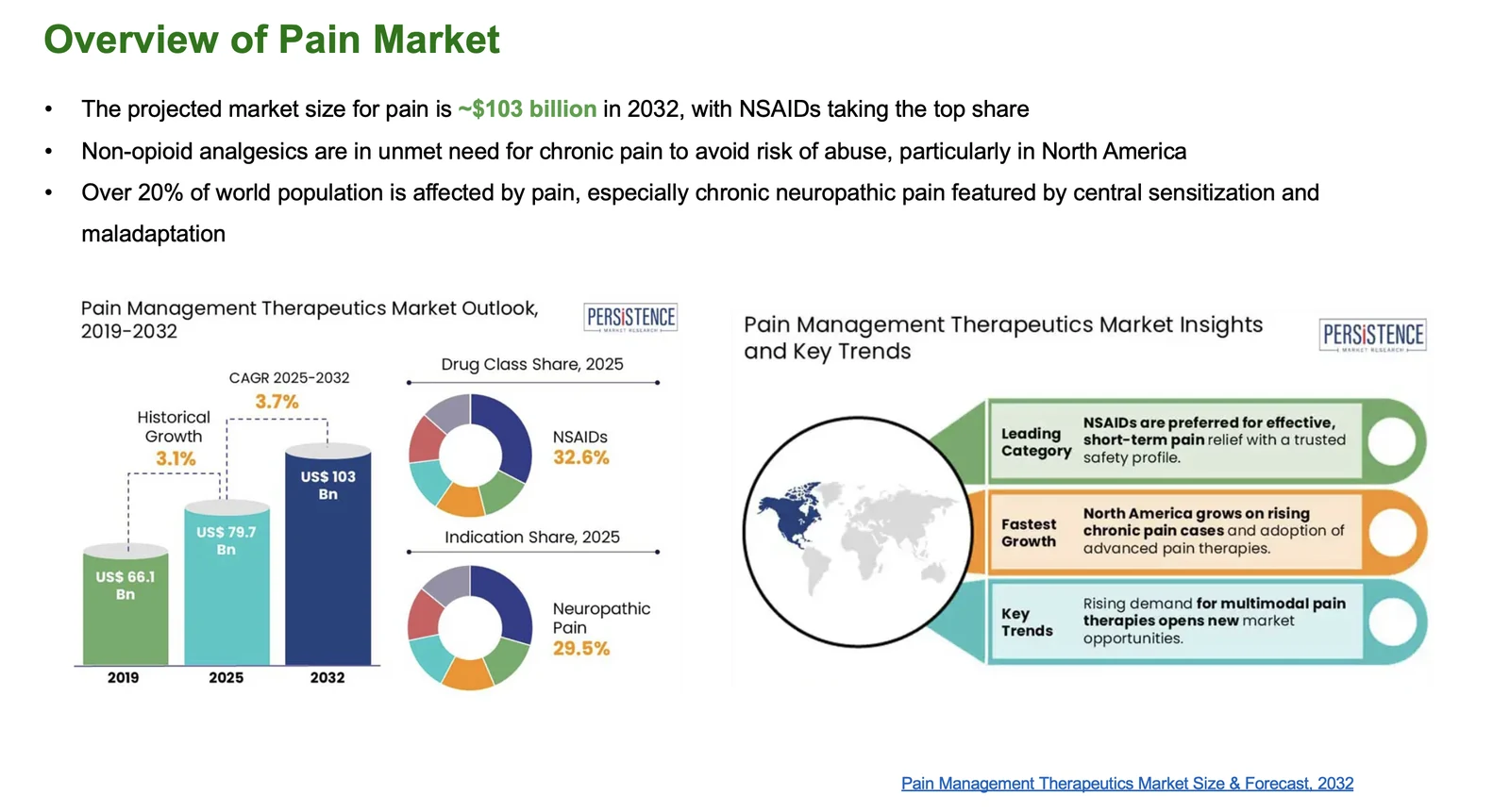 Pain-management market slide showing projected growth to approximately 103 billion dollars by 2032 and a large global burden of pain