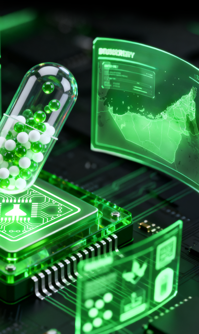 Green and white capsule suspended above an AI processor, representing ISM9528